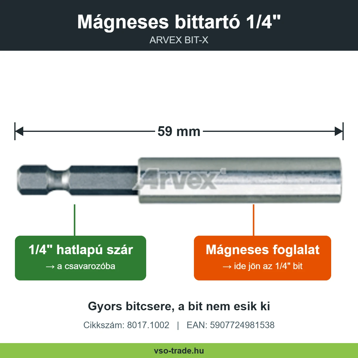 ARVEX BIT-X infografika: 59 mm hossz, 1/4" hatlapú szár a csavarozóba, mágneses foglalat az 1/4" bitnek, 8017.1002