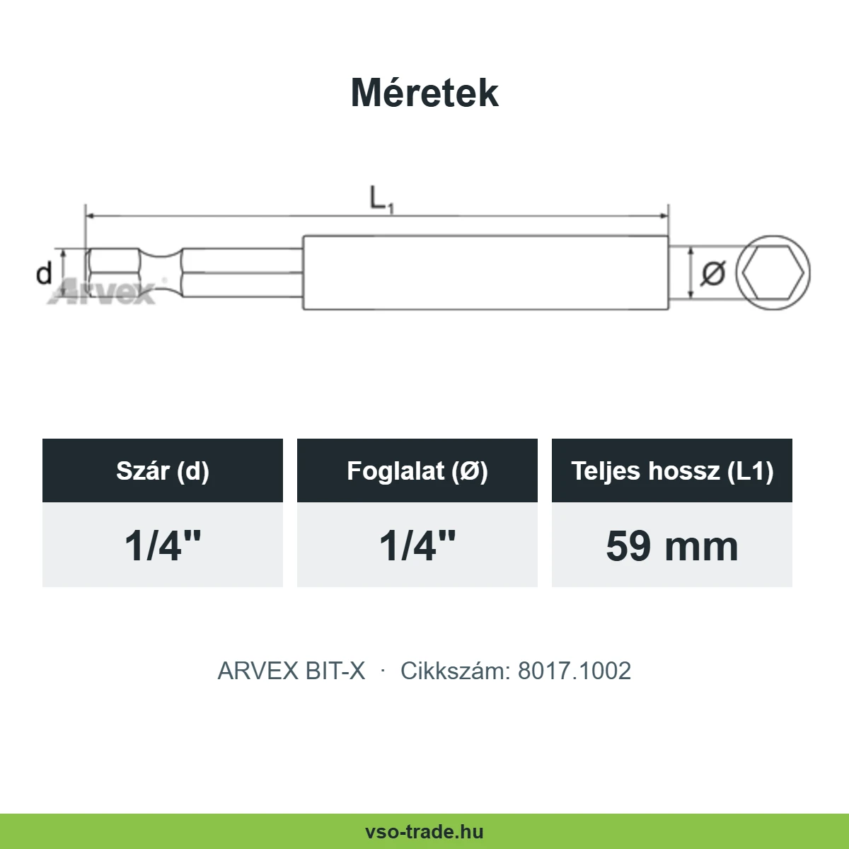 ARVEX BIT-X bittartó méretrajza: szár d 1/4", foglalat Ø 1/4", teljes hossz L1 59 mm, 8017.1002