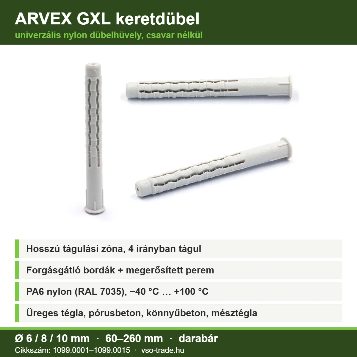 Infografika: ARVEX GXL keretdübel, 4 irányú tágulás, forgásgátló perem, PA6 nylon, Ø6–10 mm, 60–260 mm, cikkszám 1099.0001–1099.0015